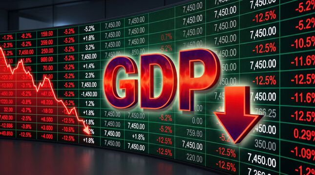 Inflation arrow red economy showing declining gross domestic product. Financial crisis recession. stock price increase falling, bankruptcy risk loss, chart graph statistic