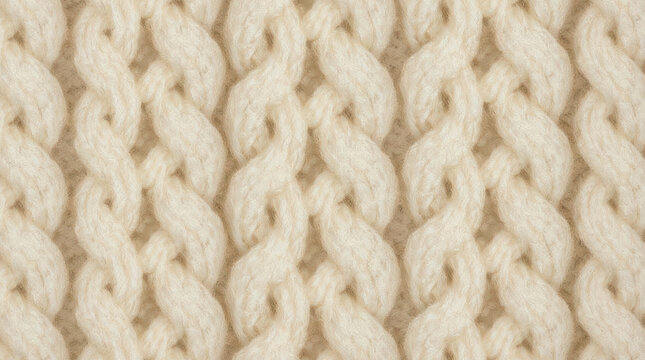 Cream knitted cable pattern with thick wool fibers and soft, textured appearance