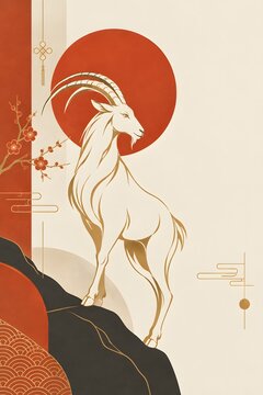 Majestic goat standing on rocky mountain with rising sun and cherry blossoms in traditional Asian style