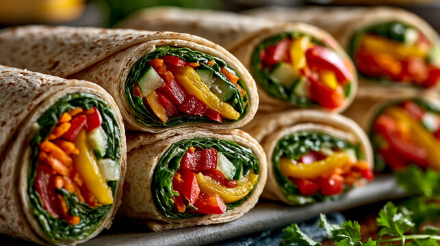 Fresh colorful vegetable wraps arranged on a serving tray with wrap