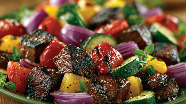 Grilled beef and vegetable skewers arranged on a green plate with meat