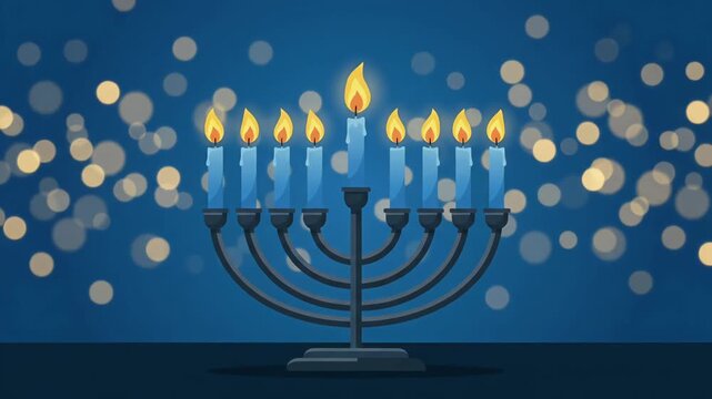 Happy Hanukkah menorah jewish festival of lights glowing blue candles bokeh background loop animation
