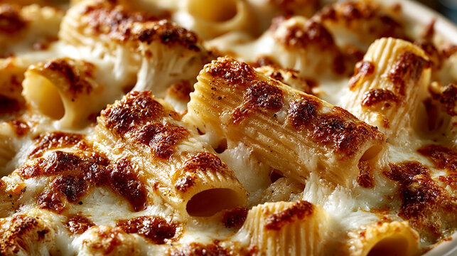 Baked rigatoni pasta covered in melted cheese and golden brown crispy edges with italian food