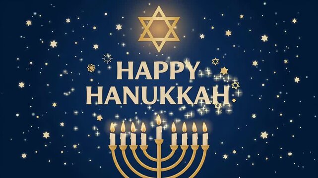 Happy Hanukkah jewish festival of lights golden star of david menorah starry blue night background loop animation
