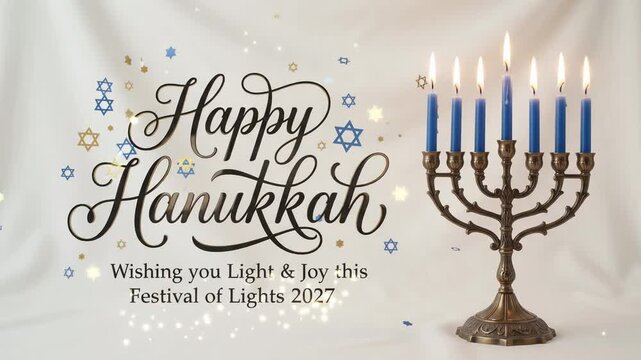 Happy Hanukkah 2027 wishing you light and joy festival of lights golden menorah blue candles background animation
