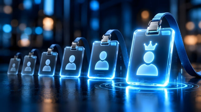 Row of futuristic glowing glass security identification badges illustrating corporate hierarchy and organizational structure with a prominent leader badge featuring a crown icon at the front