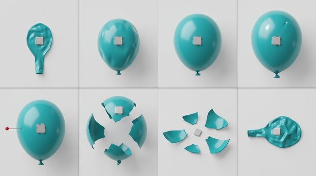 AI bubble burst concept, glossy balloon inflating, popping and deflating sequence, 3D set on solid background