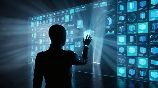 Futuristic Humanoid Character Interacting with a Digital Data Interface Wall Representing Cloud Computing and Virtual Reality Data Analysis