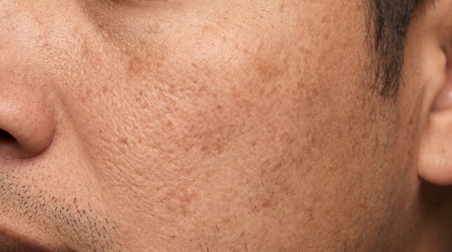 Close up of man cheek with enlarged pores and uneven texture