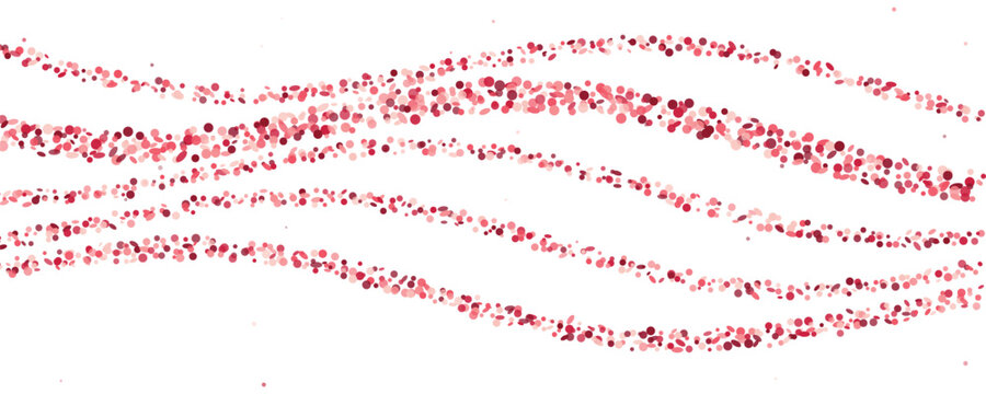 Rose gold glitter particles forming wavy lines on a clean white background with selective focus