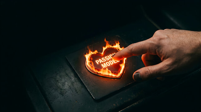 A human hand presses a glowing heart shaped button surrounded by bright flames on a dark surface with pushes down burning