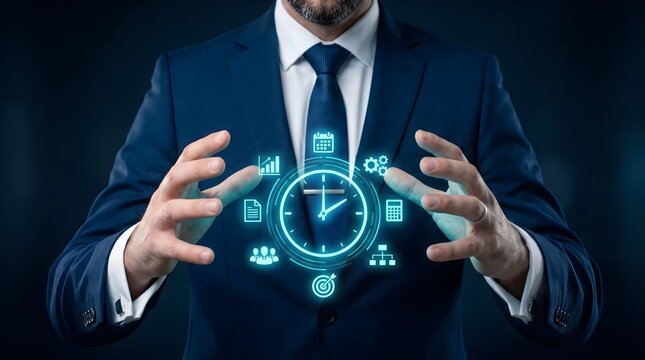 Corporate time management concept, businessman holding digital clock and business strategy icons, productivity leadership background