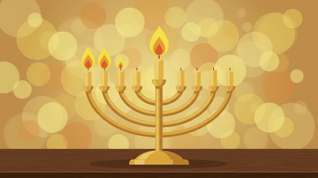 Happy Hanukkah jewish festival of lights golden menorah lit candles wooden table gold bokeh background loop animation
