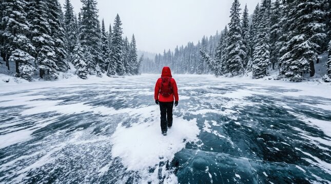 A solitary figure in a vibrant red coat walks across a frozen lake surrounded by snow covered coniferous trees during