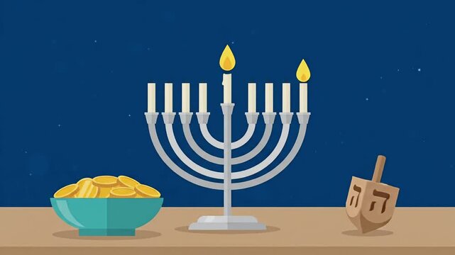 Happy Hanukkah menorah dreidel jewish festival of lights gold coins gelt blue night background loop animation
