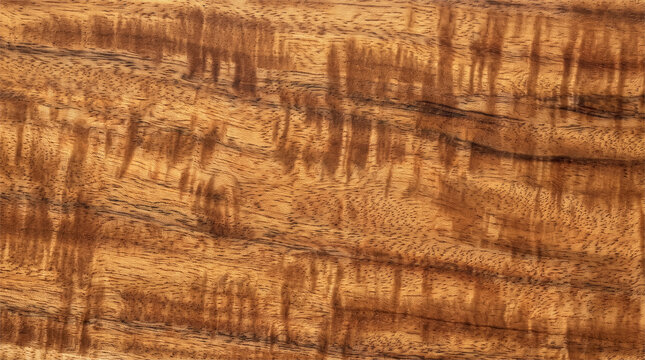 Hawaiian koa wood texture with golden brown chatoyant curly figure