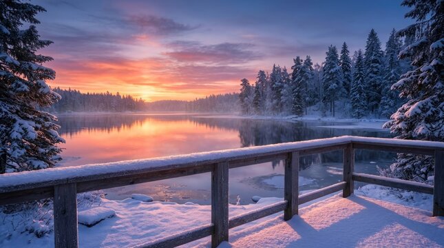 A breathtaking winter landscape featuring a serene frozen lake reflecting a vibrant sunset surrounded by snow covered pine trees and