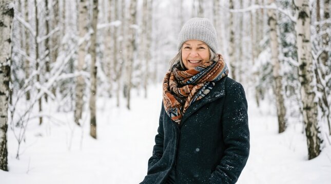A serene portrait of a woman amidst a snowy forest capturing the quiet beauty and peaceful essence of winter's embrace