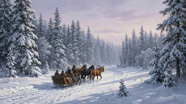 A serene winter landscape featuring a horse drawn sleigh gliding through a snow covered forest evoking feelings of peace and
