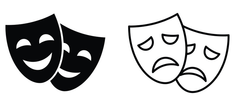 Theatrical Masks Vector Icons Featuring Comedy and Tragedy Symbols for Theater Performance, Drama Stage, Acting, Artistic Expression and Entertainment Design