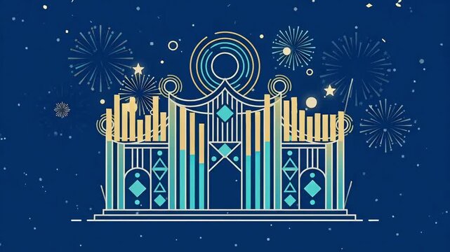 Happy Hanukkah jewish festival of lights geometric abstract menorah fireworks blue background motion graphics loop
