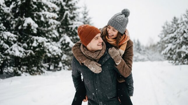 A heartwarming winter scene depicts a couple embracing amidst a snowy landscape showcasing the beauty and serenity of the season