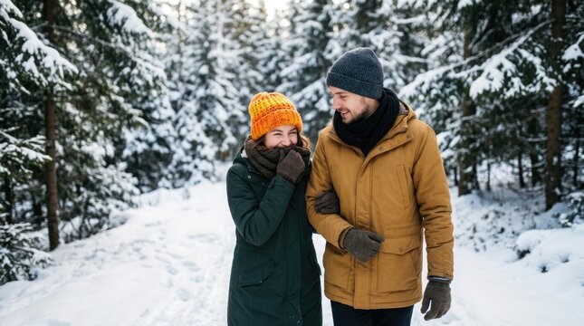 A serene winter landscape featuring a couple enjoying a peaceful walk through a snow covered forest embracing the cold season's