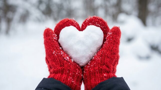 A heartwarming winter scene depicts a snow heart held within bright red mittens symbolizing love and the beauty of the