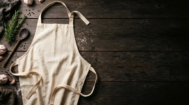 Blank cream linen kitchen apron mockup on rustic wood copy space