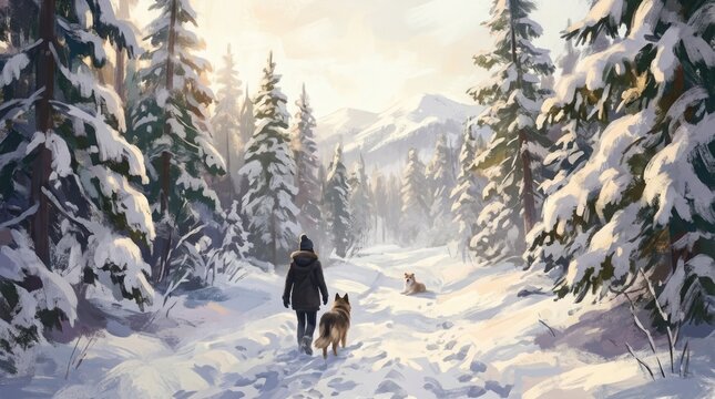A serene winter landscape depicts a solitary figure and their canine companion walking through a snow covered forest path evoking