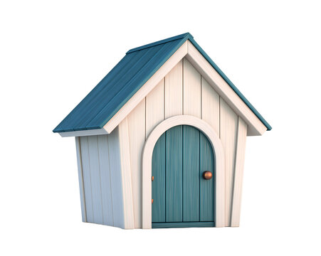 cartoon-style doghouse with blue roof and teal door