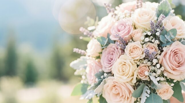 A breathtaking winter bouquet of delicate pastel roses and lush greenery evoking a sense of serene beauty and romantic elegance