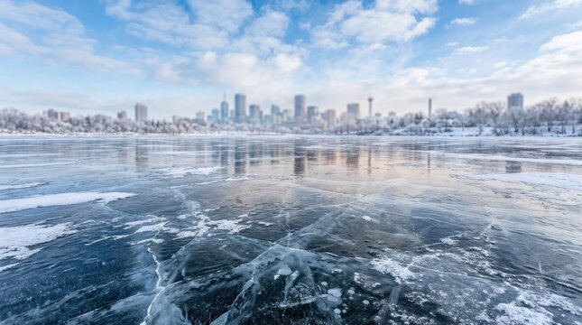 A breathtaking winter landscape featuring a frozen river reflecting the city skyline under a cloudy expansive sky evoking tranquility
