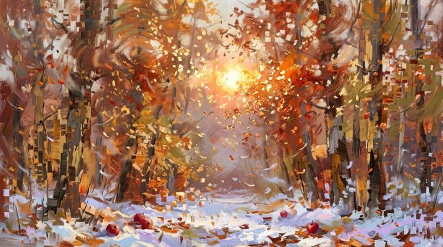 A mesmerizing abstract digital artwork evoking a sense of warmth and light amidst a complex fragmented and colorful composition with