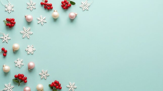 A delightful winter scene featuring festive decorations including poinsettias ornaments and delicate snowflakes on a serene teal background