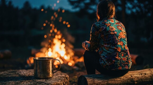 A captivating winter scene unfolds with a crackling campfire a solitary figure and the serene beauty of a snow covered