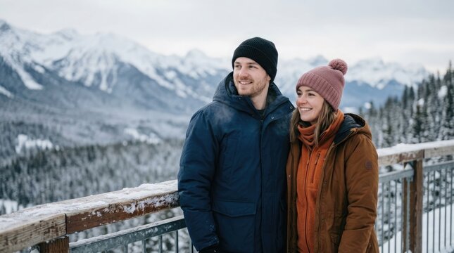 A heartwarming winter scene depicts a couple enjoying the breathtaking views of snow covered mountains and a charming village below