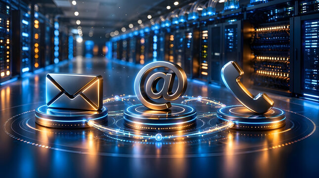 3D Metallic Contact Us Icons for Email Phone and Internet Support Floating in a High-Tech Data Center Server Room with Glowing Digital Connection Lines for Business Communication and Customer Service