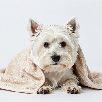 West Highland White Terrier Dog Wrapped in Towel After Bath