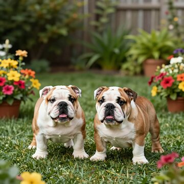 Two cute bulldog puppies playing outside on a bright sunny day