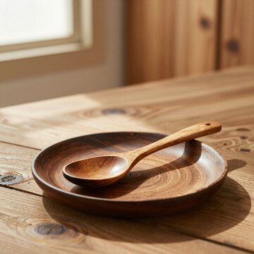 Rustic Wooden Spoon and Plate Still Life