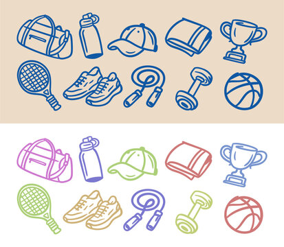 Hand drawn colorful doodle sports and fitness element vector set, isolated on white background