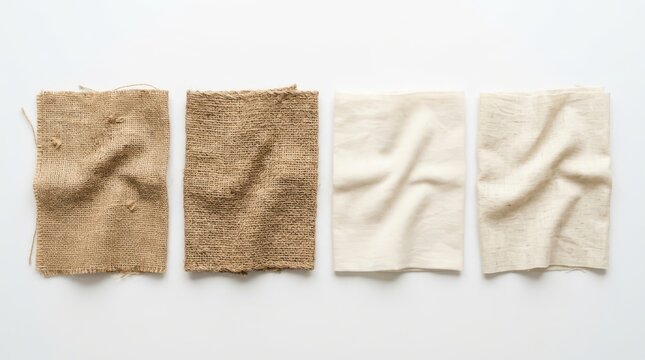 Four pieces of fabric with different textures including coarse burlap and smooth linen arranged in a row isolated on white background