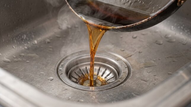 Hot grease pouring from a frying pan down a stainless steel kitchen sink drain, releasing steam in a close-up indoor shot