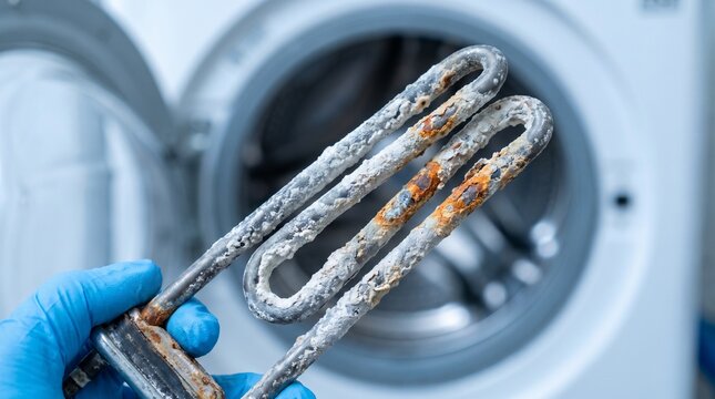 A technician wearing blue protective gloves holding a calcified and heavily rusted heating element from a washing machine, showing scale buildup and water damage during appliance repair