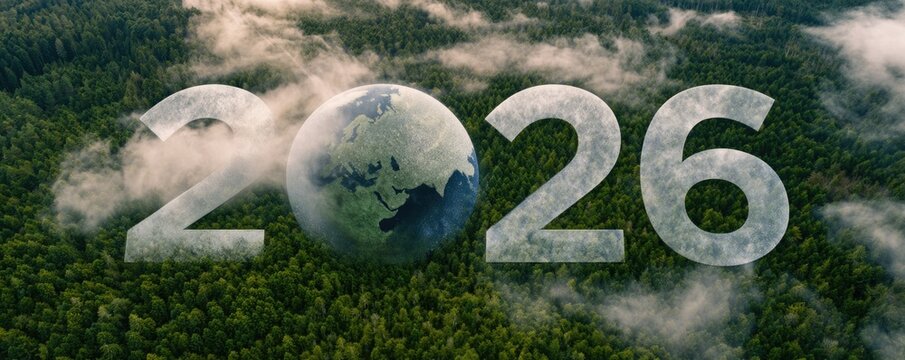 A large "2026" text with the Earth replacing the zero, floating above a dense forest covered by mist.