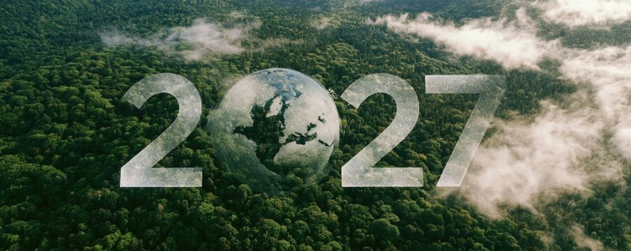 Aerial view of a dense forest with mist and the year 2027 overlayed, featuring Earth as the zero, symbolizing environmental focus.
