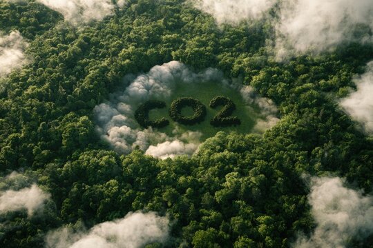 Dense forest with a clear circular area where trees form the letters "CO2," surrounded by mist and clouds, symbolizing carbon dioxide and environmental impact.