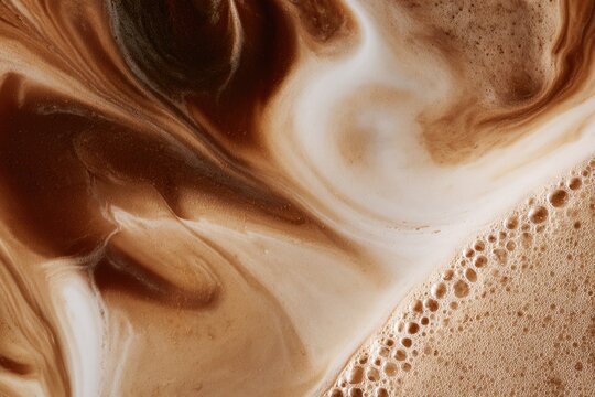 Swirling creamy coffee with frothy bubbles creating a rich, smooth texture and warm, inviting tones.