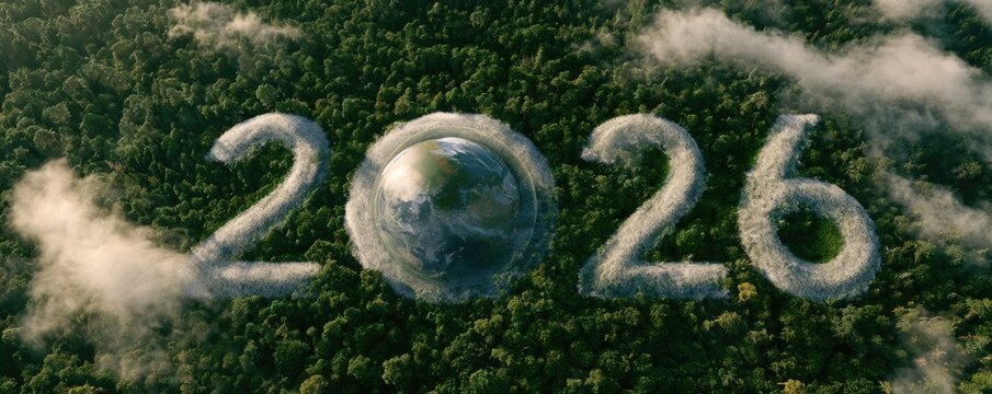 Aerial view of a lush green forest with "2026" and a globe shape created by white smoke or mist above the trees.